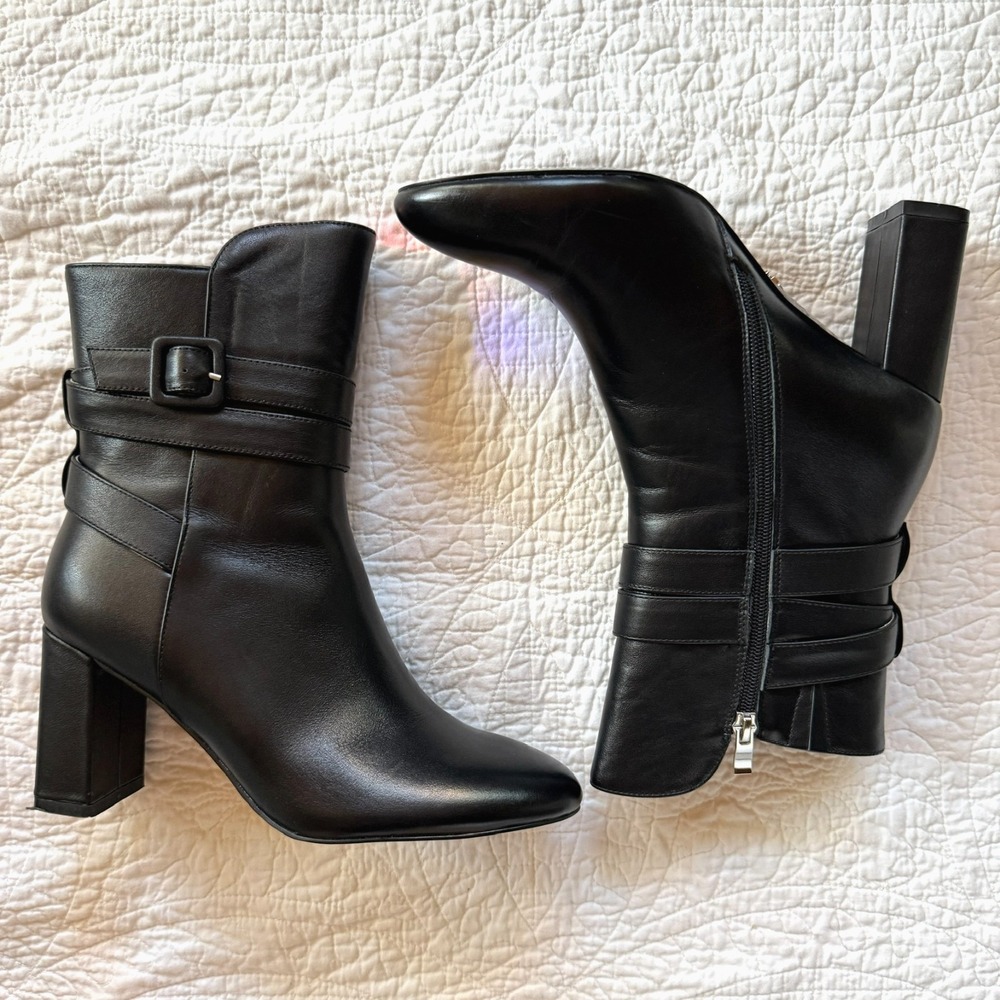 Rag & Co Cobra Boots Womens 6 Black Leather Ankle Block Heel Booties Buckle Moto